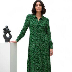 ZARA Green Black Leaf Floral Print Maxi Shirt Dress Long Sleeve Viscose Small